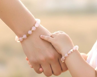 Grandma & Granddaughter Bracelet Set, Gigi Mini Matching Jewelry, Gigi Gift from Grandkids, Rose Quartz Matching Beaded Bracelets, Nana Gift