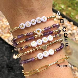 Pulsera de palabras personalizada, pulsera con nombre de niños, pulsera de mamá apilable, pulsera con cuentas de nombre personalizado, regalo personalizado, pulsera elástica imagen 5