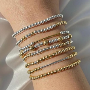 Gold and Silver Beaded Bracelets, Mixed Metal Jewelry, Dainty Gold Bracelet Stack, Minimalist Bracelet Set, Two Toned Stacking Bracelets