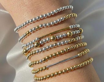 Gold und Silber Perlen Armbänder, gemischte Metall Schmuck, zierliche Gold Armband Stapel, minimalistische Armband Set, zweifarbige Stapel Armbänder
