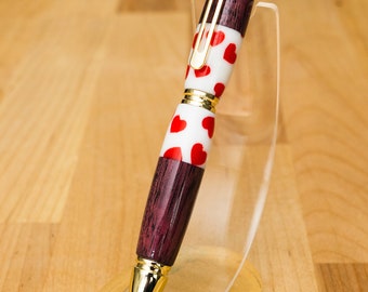 Beautiful hand made Purple Heart and Resin heart themed click pen