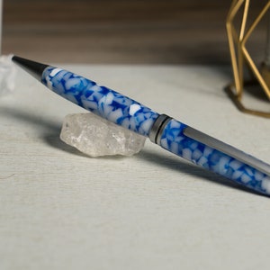 Hand made blue and white crushed acrylic designer Twist style  pen