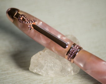 Beautiful Hand Made Pink Acrylic and Mother of Pearl Resin Breast Cancer Awareness Pen with Crystal Accents