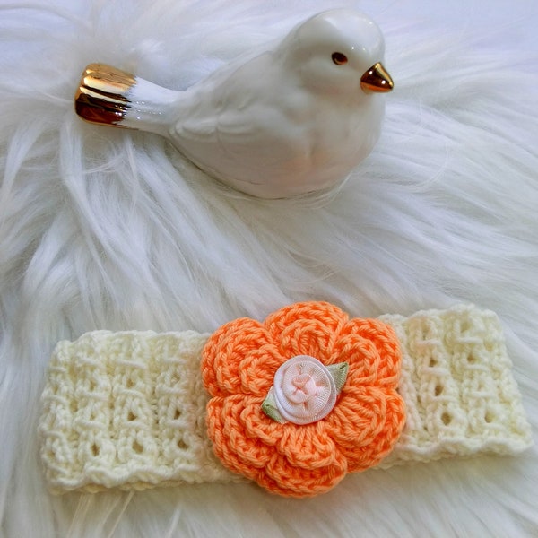 Taufband Babystirnband Haarband Blütenband creme mit orangefarbener Blüte P142 by Juttas Zauberstrick