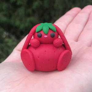 Cute strawberry bunny polymer clay figurine, desk buddy