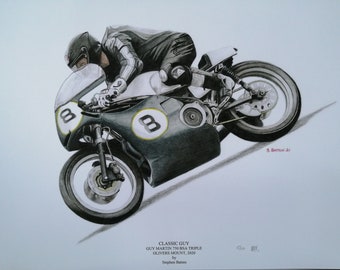 Classic Guy. Guy Martin, motorcycle Giclee fine art print. Taken from an original coloured pencil drawing by Stephen Batten.