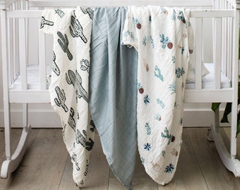 Muslin Bamboo Cotton Baby Swaddles: Cactus & Solid Colors, 3-Pack