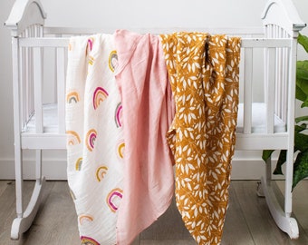 Muslin Bamboo Cotton Baby Swaddles: Rainbow, Leaf, Pink - 3 Pack