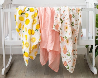 Muslin Cotton Baby Swaddle 3-Pack, Floral, Lemon, Pink, 47"
