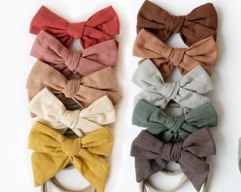 10 Pack Linen Baby Bow Headbands, Neutral Color Bows