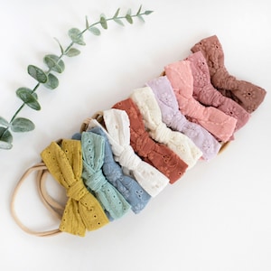 Baby Bow Headbands 10-Pack: Embroidered Cotton Bows, Tan Headband