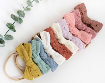 Baby Bow Headbands 10-Pack: Embroidered Cotton Bows, Tan Headband