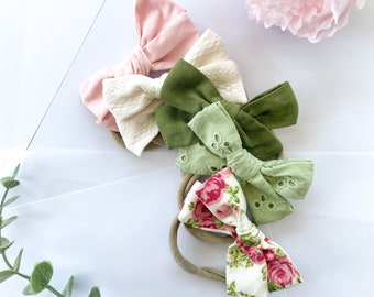 Baby Bow Headband 5-Pack: Linen Floral Bows, Soft Nylon Headbands