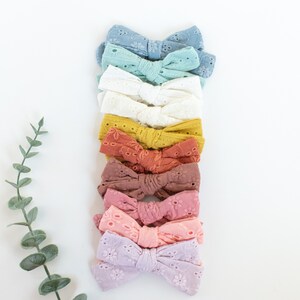 May include: A set of ten hair bows in various pastel colors, including light blue, white, yellow, orange, brown, pink, and purple. The bows are made of a delicate, eyelet fabric and are arranged in a vertical stack.