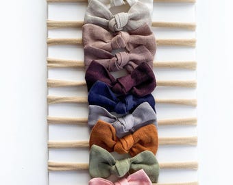 Linen Baby Bow Headband Set of 10, Neutral Earth Tones, Newborn Hair Accessories