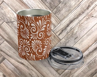 Boho Latino Travel Mug 10oz Stainless Steel Tumbler Brown Swirl Pattern Vacuum Insulated