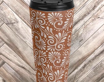 Boho Floral Travel Mug 15oz Stainless Steel Tumbler Cinnamon Brown Vacuum Insulated Leak Resistant
