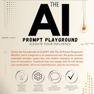 May include: A graphic with the text "THE AI PROMPT PLAYGROUND ELEVATE YOUR INFLUENCE" in black text on a light orange background.  Four icons represent the benefits of using the AI Prompt Playground: a lightbulb, a gear, a speech bubble, and a checkmark.  The text below each icon describes the benefit: "Innovative Prompts to Spark Creativity", "Actionable Steps for Seamless AI Interactions", "Master Communication with ChatGPT", and "Practical Tips for Professional Results".