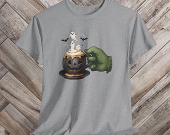 Halloween Coffee Shirt: Spooky Pumpkin Mug, Ghosts, Monster Hand – Fall Unisex Tee
