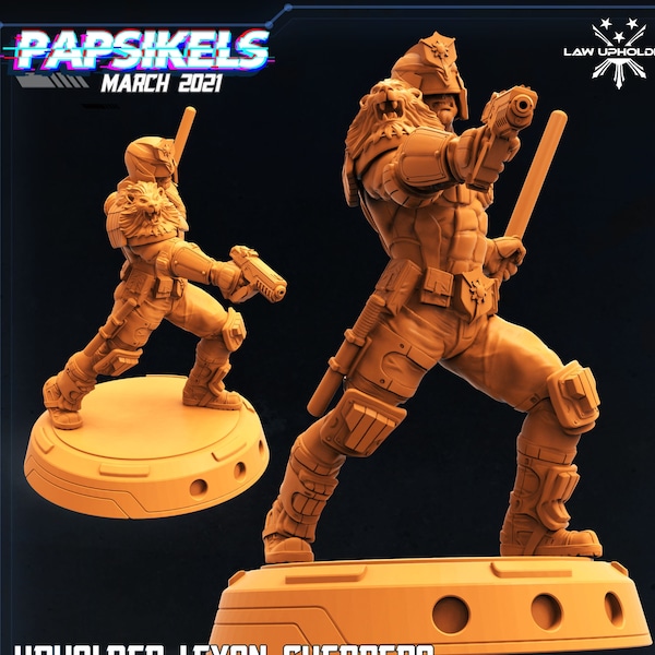 Law Upholder "Leyon Guerrero" by Papsikels Miniatures for 32 mm Wargaming Tabletop 3d printed Resin Cyberpunk Shadowru SciFi Judge Dredd