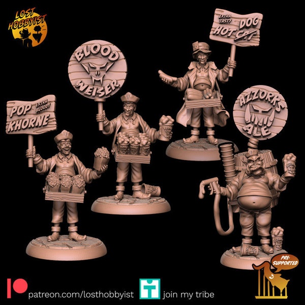 4x Stadium Salesman (Hotdog, Beer) for Football, Bloodbowl and other Games for Tabletop by LostHobbyist (3d printed Miniature)