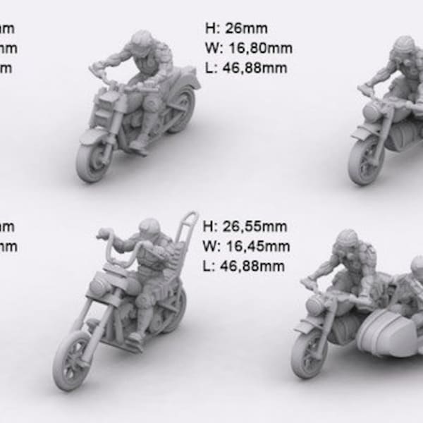 Motorbike Gangs (Variations) for postapocalyptic games like Gaslands and CarWars, 1:64 20 mm