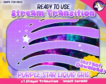 May include: Purple and white animated transition effect with a liquid grid design and stars. The text "Instant Download!" and "Purple Star Liquid Grid" is visible. The text "x1 Stinger Transition // .WebM Format" is also visible.