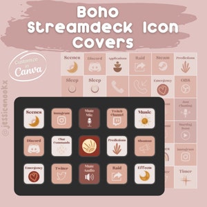 Puede incluir: Un conjunto de 16 iconos personalizables de Stream Deck con un tema boho. Los iconos presentan una variedad de diseños, incluyendo lunas, soles, estrellas y formas geométricas. Los iconos están en una paleta de colores apagados de marrones, naranjas y rosas. El texto "Boho Streamdeck Icon Covers" está en la parte superior de la imagen. El texto "Customize in Canva" está en un círculo en la parte inferior izquierda de la imagen.