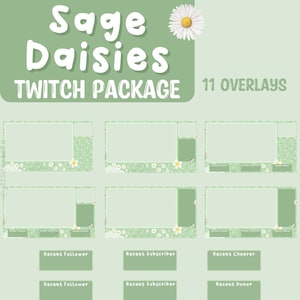 Sage Daisies Twitch Streaming Overlays, aesthetic green, cute twitch overlays, static overlays, stream pack