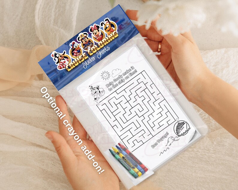May include: A clear plastic packet containing a white paper activity sheet with a black and white maze, a cruise ship illustration, and the text Help Goofy make it to the ship on time! and Bon Voyage!, with four colorful crayons included.