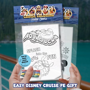May include: Clear plastic packaging containing Disney Cruise colouring sticker sheets. The sheets feature line art of Disney characters and the text "Aquaduck", "Splash into the Fun", and "Minnie". A small pack of crayons is included.