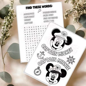 May include: Two white paper activity sheets with black line art. One sheet features a word search puzzle titled FIND THESE WORDS with a magnifying glass icon. The other sheet displays illustrations of Captain Mickey and Captain Minnie with nautical icons.