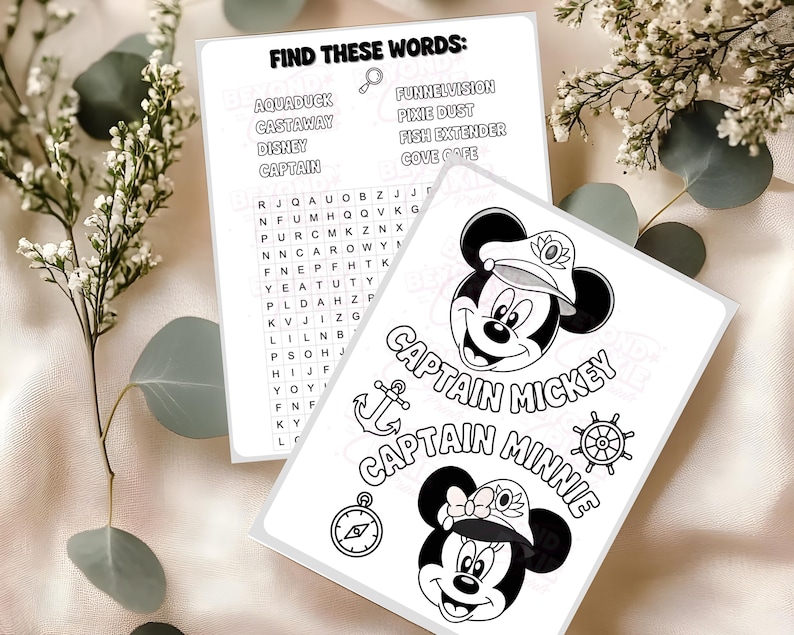 May include: Two white paper activity sheets with black line art. One sheet features a word search puzzle titled FIND THESE WORDS with a magnifying glass icon. The other sheet displays illustrations of Captain Mickey and Captain Minnie with nautical icons.