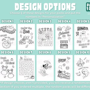 May include: A digital display titled DESIGN OPTIONS PAGE 1 OF 2 featuring ten distinct black and white coloring page designs. Each design is numbered 1 through 10 and includes various cartoon illustrations, text, and activity layouts for selection.