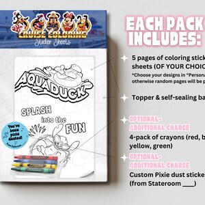 May include: A coloring sticker sheet set featuring Disney characters, the text AQUADUCK, SPLASH into the FUN, and a blue circular sticker that reads You've been pixie dusted! From Stateroom. Includes a 4-pack of red, blue, yellow, and green crayons.