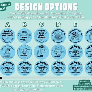 May include: A grid of eighteen circular light blue stickers labeled A through F and 1 through 3. Each sticker features unique black text and graphics related to cruise travel, including phrases like Bon Voyage, Pixie Dust, and From Stateroom.