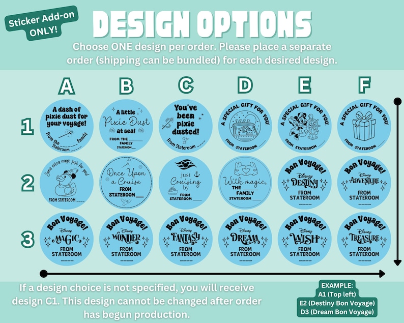 May include: A grid of eighteen circular light blue stickers labeled A through F and 1 through 3. Each sticker features unique black text and graphics related to cruise travel, including phrases like Bon Voyage, Pixie Dust, and From Stateroom.