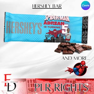 May include: A blue and red Hershey's chocolate bar wrapper with a Spider-Man design. The wrapper says "Spider-Man Adrian is turning 5".