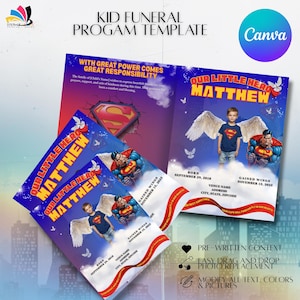 May include: A funeral program template with a superhero theme. The design features the text "OUR LITTLE HERO MATTHEW" and illustrations of Superman. The template includes space for a photo, date, and venue information. The Canva logo is visible.