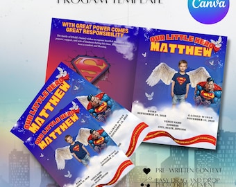 Kid Superhero Funeral Program Template | 4-Page | Canva Editable Memorial Booklet | Superman Theme | Two Sizes Included | Instant Download