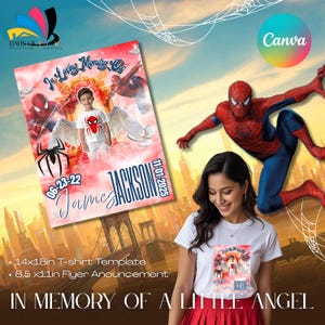 Peut inclure: Un modèle de t-shirt commémoratif et une annonce publicitaire avec un enfant avec des ailes d'ange, Spider-Man, et le texte "In Loving Memory Of". Le design comprend le nom "Jackson" et les dates 06-23-22 à 11-01-2025. Le modèle de chemise est de 35,56 cm x 45,72 cm.