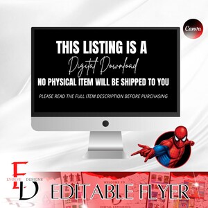May include: A digital download for an editable flyer template featuring a red and blue Spiderman character. The text on the flyer says "Welcome to Digital Experience".