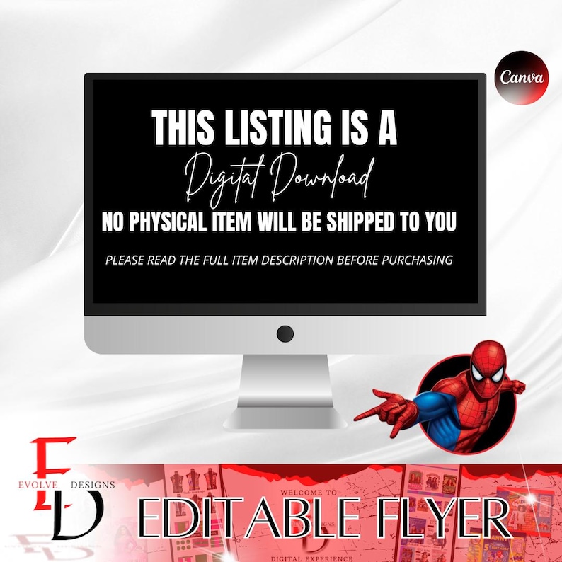 May include: A digital download for an editable flyer template featuring a red and blue Spiderman character. The text on the flyer says "Welcome to Digital Experience".