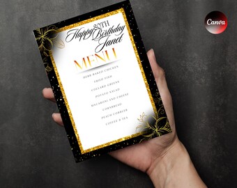 Editable Dinner Party Menu Template, Gold & Black Theme, Printable Menu Cards, Perfect for Graduation, Birthday or Celebrations,Gold flowers