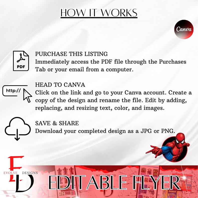 May include: Editable flyer template with a red and white design. The text "EDITABLE FLYER" is in large, bold letters. The image also includes a red and blue superhero character.