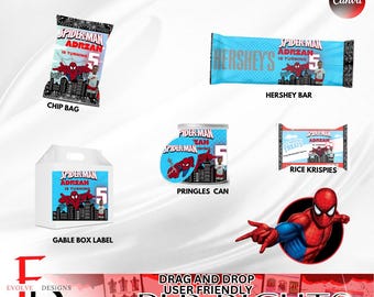 Confezioni per bomboniere a tema Spider-Man: sacchetti di patatine, caramelle, Pringles (file digitale)