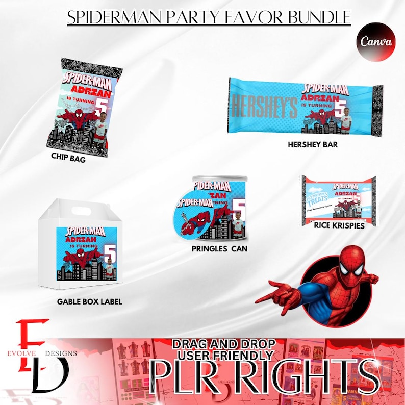 May include: A printable party favor bundle featuring a Spiderman theme. The bundle includes a chip bag, Hershey bar, Pringles can, Rice Krispies box, and a gable box label. All items feature a Spiderman character and the text "Spider-Man Adrian is turning 5".
