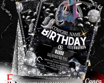 Disco Cowgirl Birthday Flyer: Beyonce-Inspired Party Invitation (Canva Editable Template)