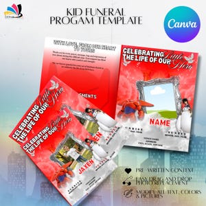 May include: A red and white funeral program template with the text "Celebrating the Life of Our Little Hero." The design includes illustrations of characters and a photo frame. The template is for a child's memorial.