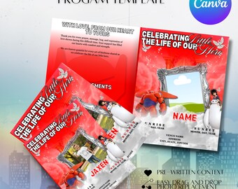 Little Hero Kids Funeral Program Template | 4-Page Obituary | Editable Canva Memorial Program | Red Printable Celebration of Life